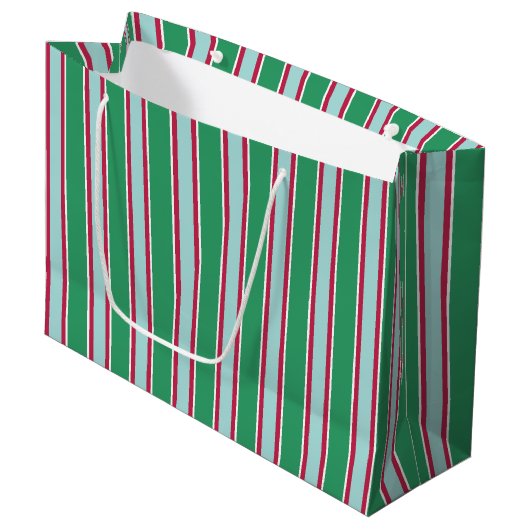 Groen Blauw Kerst Strepen Cadeautas (Voorkant Gekanteld)