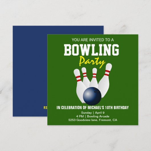 Groen Blauw Modern Bowling Party Verjaardag Uitnod Kaart (Voorkant / Achterkant)