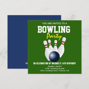 Groen Blauw Modern Bowling Party Verjaardag Uitnod Kaart