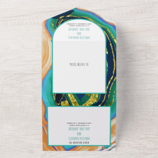 Groen, blauw, perzikagaat, gouden bruinbruin-bruin all in one uitnodiging (Buitenkant)