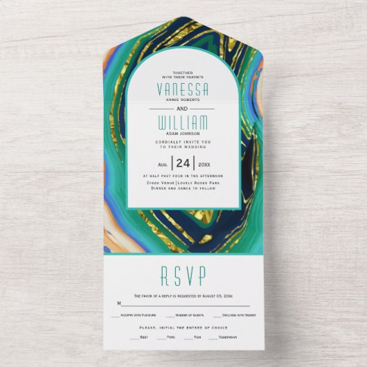 Groen, blauw, perzikagaat, gouden bruinbruin-bruin all in one uitnodiging (Binnen)