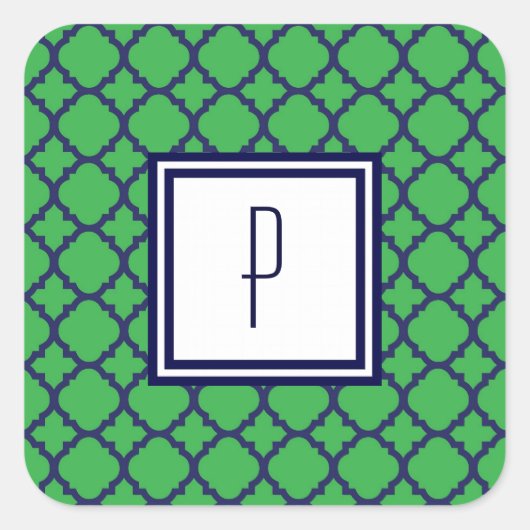 Groen Blauw Quatrefoil Monogram Stickers (Voorkant)