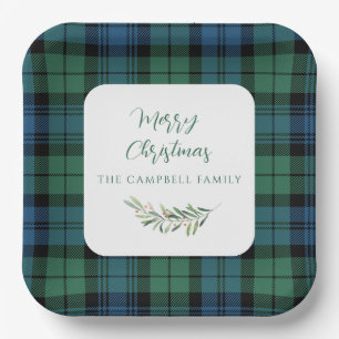 Groen Blauw Rustiek Plaid Kerstvakantie Tartan Papieren Bordje