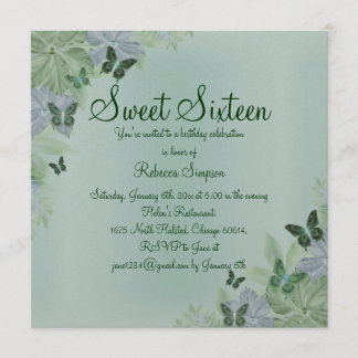 Groen & Blauw Shimmer Butterfly Sweet 16 Uitnodige Kaart