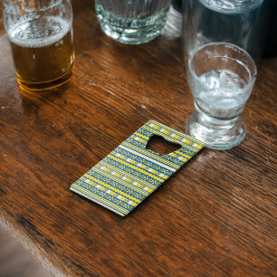 Groen Blauw Traditioneel Tribaal Patroon Kredietkaart Flessenopener