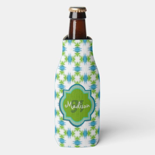 Groen, Blauw, Wit Monogram Funky Geometrisch Flesjeskoeler (Fles Voorkant)