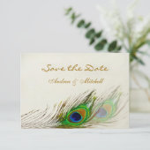 Groen blauwe pauwveren Save the date Uitnodiging (Staand voorkant)