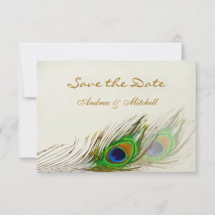 Groen blauwe pauwveren Save the date Uitnodiging