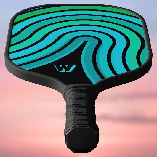 Groen Blauwgroen Aqua Blue Retro Swirl met Initiaa Pickleball Paddle
