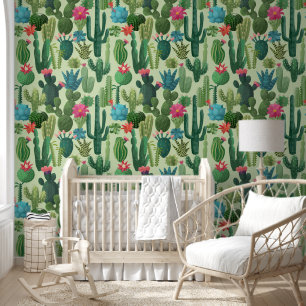 Groen Blauwgroen Blooming Cactussen Patroon Behang
