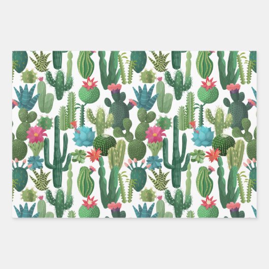 Groen Blauwgroen Blooming Cactussen Patroon Inpakpapier Vel (Voorkant 2)