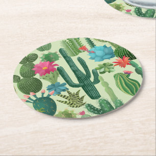Groen Blauwgroen Blooming Cactussen Patroon Ronde Kartonnen Onderzetter