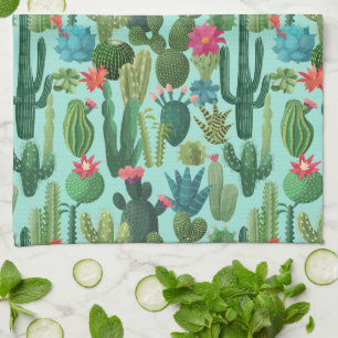 Groen Blauwgroen Blooming Cactussen Patroon Theedoek