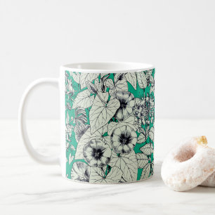 Groen Blauwgroen wit patroon van grafische bloemen Koffiemok