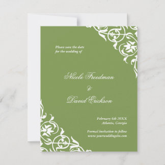 Groen bloeiend, lelijk scroll bruiloft met behoud save the date