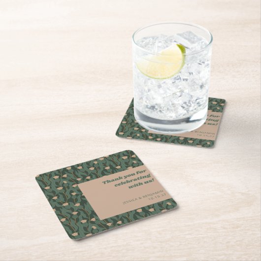 Groen Bloemen Boho Bruiloft Custom Dank u Vierkante Kartonnen Onderzetter (Insitu)