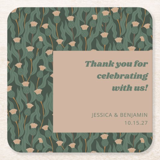  Groen Bloemen Boho Bruiloft Custom Dank u Vierkante Kartonnen Onderzetter (Voorkant)