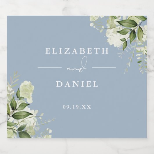 Groen Bloemen Elegant Stoffig Blauw Bruiloft Sparkling Wijnetiket (Enkel label)