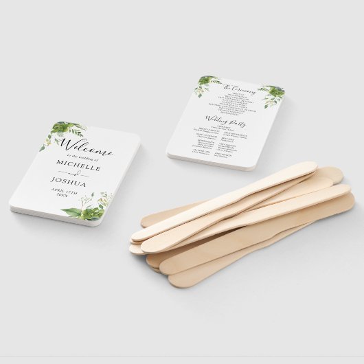 Groen Bloemen Elegante Moderne Trouwprogramma Handwaaier (Niet-gemonteerd)
