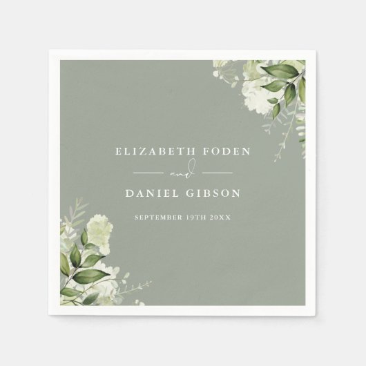 Groen Bloemen Elegante namen Datum Sage Groen Servet (Voorkant)