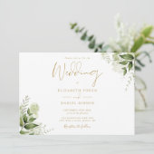 Groen Bloemen Foto Elegant Goud Script Bruiloft Kaart (Staand voorkant)