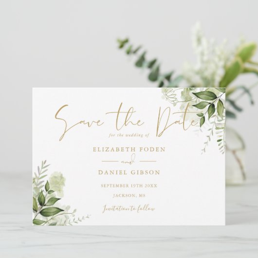Groen Bloemen Foto Goud Script Save The Date (Staand voorkant)