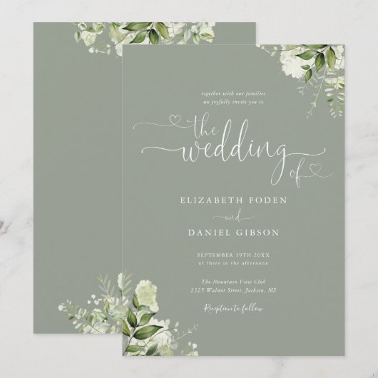 Groen Bloemen Harten Script Sage Groen Bruiloft Kaart (Voorkant / Achterkant)