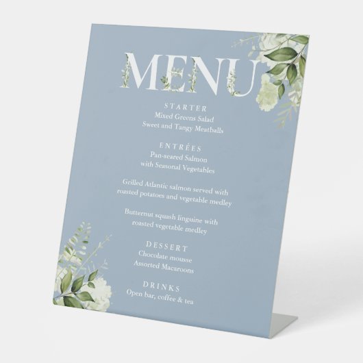 Groen Bloemen Modern Elegant Stoffig Blauw Menu Reclamebord Met Voetstuk (Voorkant)