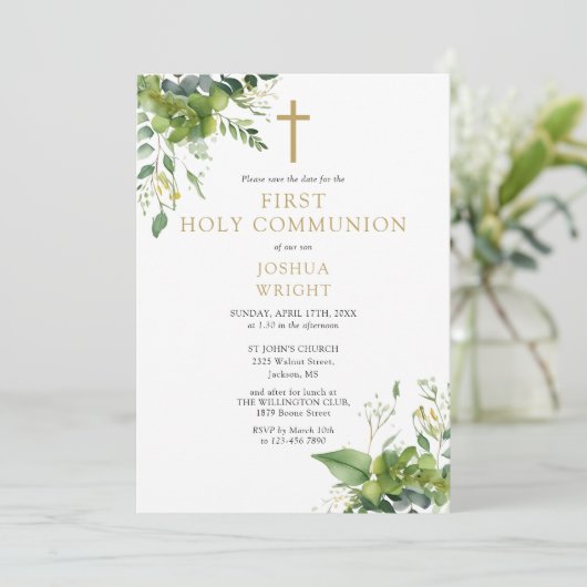 Groen Bloemen Monogram Eerste Heilige Communie Save The Date (Staand voorkant)