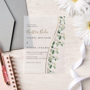 Groen Bloemen Nuestra Boda Spaanse bruiloft Vellum Uitnodigingen
