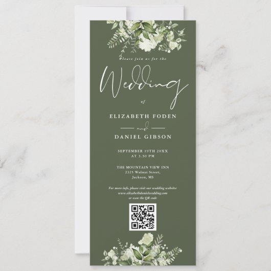 Groen Bloemen Olijf Groen QR Code Bruiloft Kaart (Voorkant)