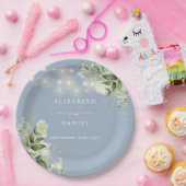 Groen Bloemen String Lights Stoffig Blauw Bruiloft Papieren Bordje (Feest)