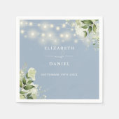 Groen Bloemen String Lights Stoffig Blauw Bruiloft Servet (Voorkant)