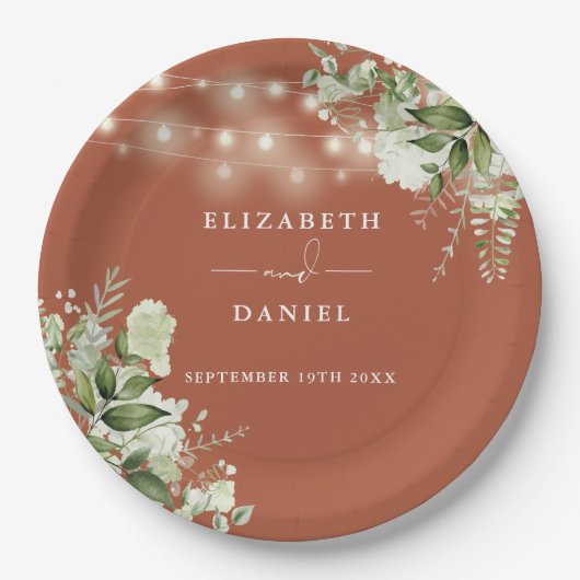 Groen Bloemen String Lights Terracotta Bruiloft Papieren Bordje (Voorkant)