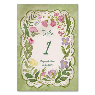 Groen Bloemen Tafel Nummer Sjabloon, Hand getekend Kaart