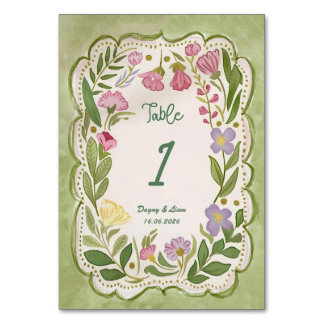 Groen Bloemen Tafel Nummer Sjabloon, Hand getekend Kaart