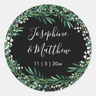 Groen & Bloemen Zwart Bruiloft Ronde Sticker