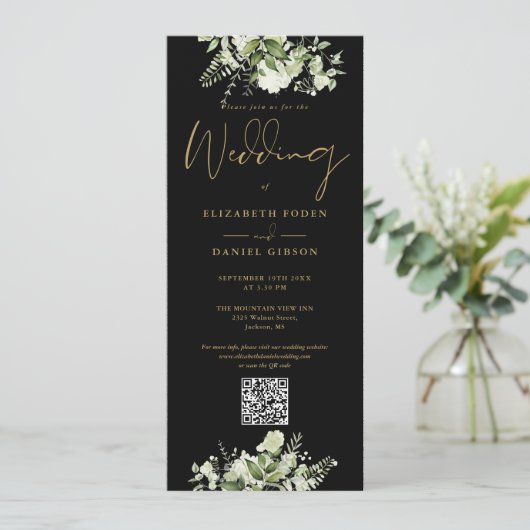 Groen Bloemen Zwart en Goud QR Code Bruiloft Kaart (Staand voorkant)