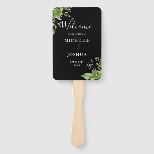 Groen Bloemen Zwart en Wit Trouwprogramma Handwaaier (Voorkant)