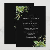 Groen Bloemen Zwart-wit Monogram Bruiloft Kaart (Voorkant / Achterkant)