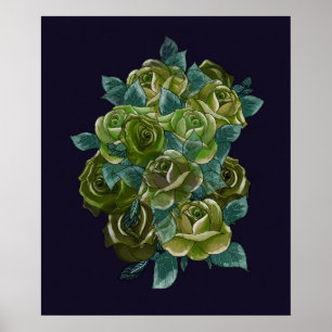 Groen bloemenboeket, marineblauw, exotische rozen poster