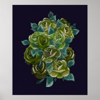 Groen bloemenboeket, marineblauw, exotische rozen poster