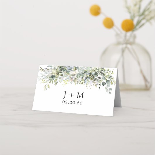 groen bloemenbruiloft gevouwen plaats kaart (Achterkant)