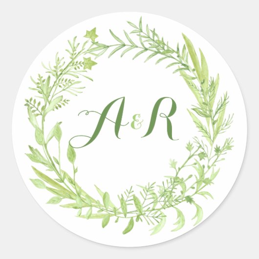groen bloemenkrans monogram bruiloft ronde sticker (Voorkant)