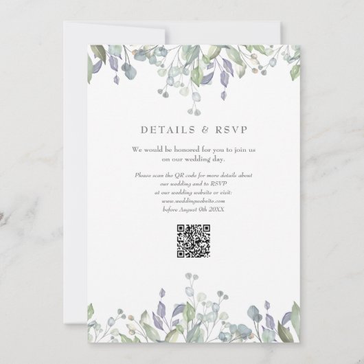 Groen Bloemensalie Lila QR Code Bruiloft Kaart (Achterkant)
