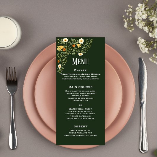 Groen bloemig bruiloftsreceptiemenu menu
