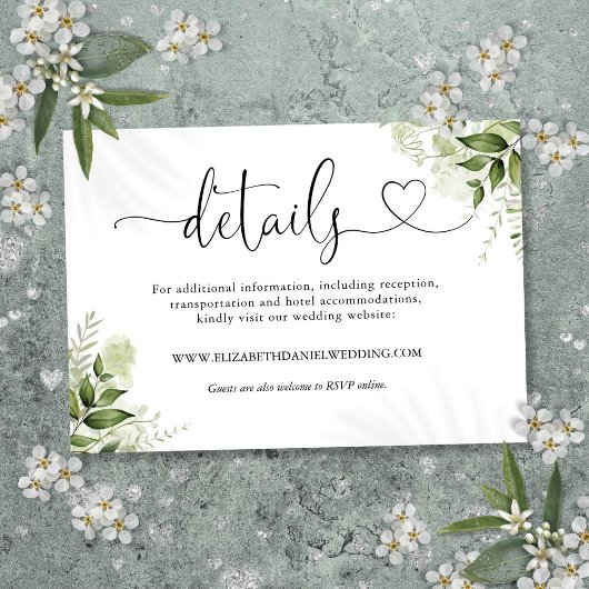 Groen Bloemig Hart Script Bruiloft Details Informatiekaartje
