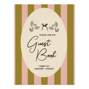 Groen Blush Roze Gestreepte Trouw Gastboek Bord Perfect Poster