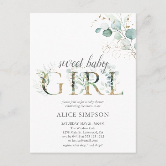 groen boho eucalyptus baby meisje douche uitnodiging briefkaart (Voorkant)