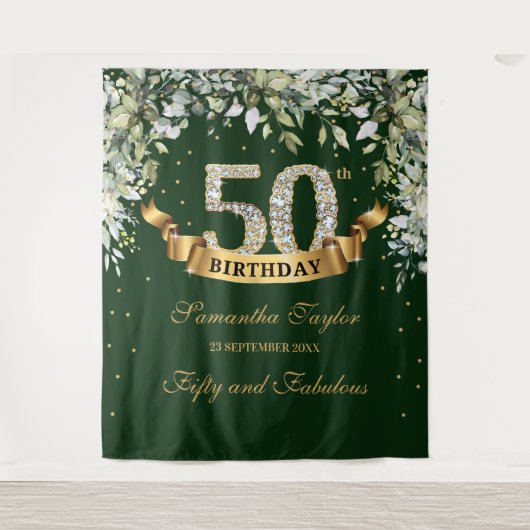Groen boho gebladerte en goud 50e verjaardag wandkleed (Voorkant)